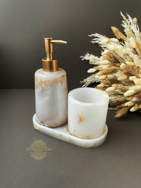 Pearl soap dispenser and gold pump